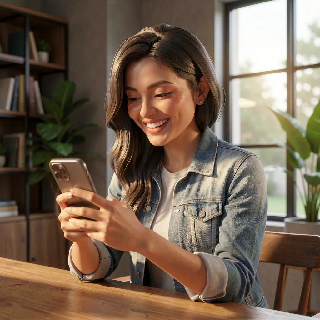 Young Bangladeshi woman smiling while using the GV888 casino app on her smartphone in a bright modern indoor setting
