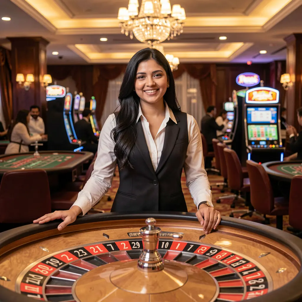 Elegant live casino dealer standing at a roulette table with glowing lights and a luxury casino atmosphere representing the premium live gaming experience at GV888 in Bangladesh