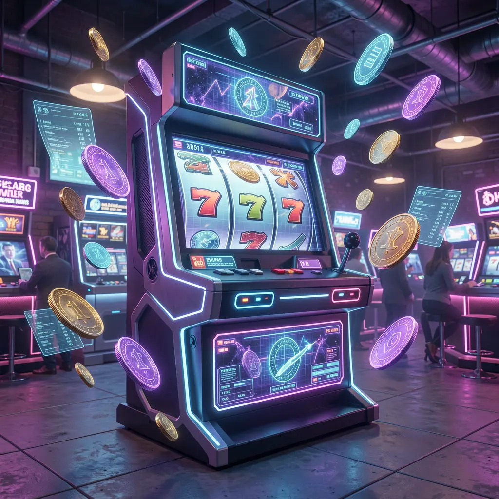 Futuristic slot machine with bright neon lights and flying coins showcasing the dynamic online casino experience of GV888 for players in Bangladesh